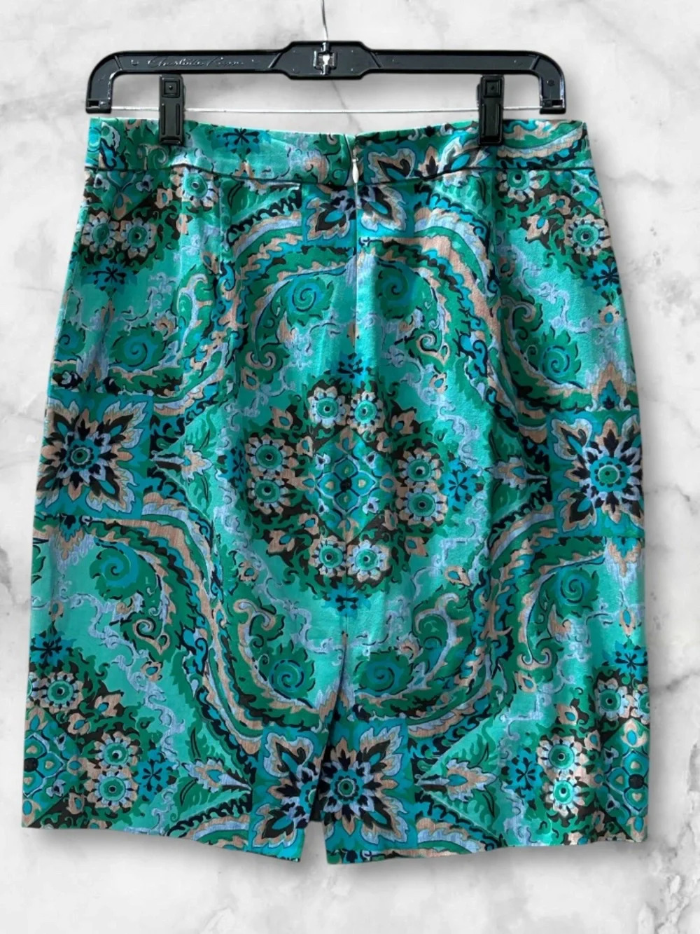 J. Crew Casbah Green Paisley Print Sateen Pencil Skirt Stretch Colorful Size 4